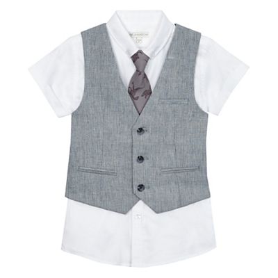 Boys' blue textured linen blend waistcoat, white shirt and dinosaur print tie set